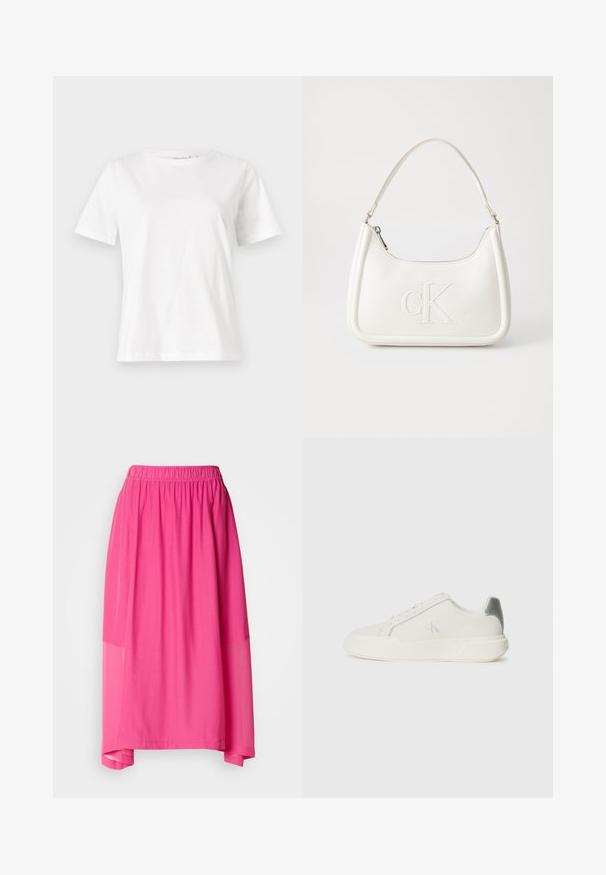 Bela bombažna majica s kratkimi rokavi, okroglo izrezana in ohlapnega kroja. Gladka tekstura, brez vzorcev ali dodatkov, minimalističen dizajn.; Roza midi krilo z elastičnim pasom, ki ima večplastno zasnovo in prosojne detajle, kar ustvarja tekočo silhueto in mehak videz.; Belej športni čevelj iz usnja z gladko teksturo, ki ima srebrno akcentacijo na peti, ravno podplato in minimalističen dizajn.; Bela usnjena torbica s ukrivljeno obliko, ki na sprednji strani nosi vžgano logo "CK" in ima eno naramnico. Zadrga za zapiranje na vrhu.