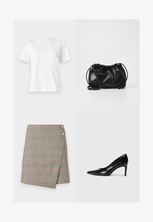T-shirt bianca in cotone con maniche corte, scollatura rotonda e vestibilità rilassata. Struttura liscia, senza motivi né accenti, design minimalista.; Gonna avvolgente grigia a quadri con linee arancioni, marroni e crema. Caratterizzata da due grandi bottoni decorativi in vita e una finitura pulita.; Scarpa con tacco alto in pelle nera, con punta affusolata, texture liscia e tacco rastremato. Design minimalista, senza ulteriori decorazioni.; Borsa a mano in pelle nera con design arricciato, chiusura a doppio cordoncino e tracolla rimovibile. Presenta un dettaglio del logo metallico.