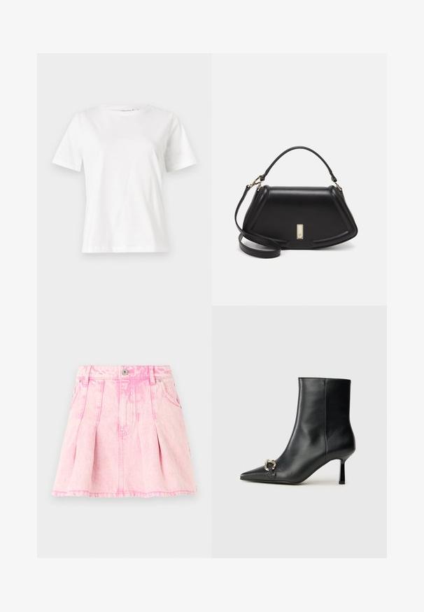 Baltas kokvilnas T-krekls ar īsām piedurknēm, apaļu kakla izgriezumu un brīvu piegriezumu. Gluda tekstūra, bez rakstiem vai akcentiem, minimālistisks dizains.; Rozā džinsu svārki ar plīšu apdari, pogu un rāvējslēdzēja aizdari, piecām kabatām un dekoratīvu šuvumu. Izteikta tekstūra gaišā tonī.; Melnā ādas potīšu zābaku ar smailu purngalu, šauru vidēja augstuma papēdi un sudraba sprādzi sānos uz vienkrāsaina fona.; Melnas ādas roku soma ar struktūru, ar īsu formu, augšējo rokturi un zelta aksesuāriem. Iekļauta regulējama plecu siksna.