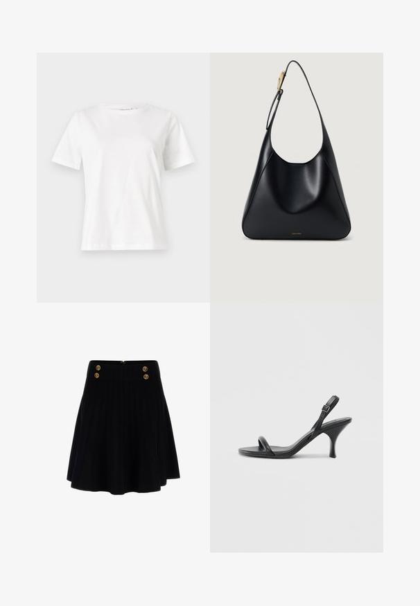 T-shirt bianca in cotone con maniche corte, scollatura rotonda e vestibilità rilassata. Struttura liscia, senza motivi né accenti, design minimalista.; Gonna nera a pieghe con un tessuto testurizzato, caratterizzata da bottoni decorativi dorati in vita e una cerniera nascosta sul retro.; Sandali con tacco alto in pelle nera, con tacco sottile e curvo e design a fascia incrociata. Cinghia alla caviglia regolabile. Texture liscia.; Borsa a spalla in pelle nera con texture liscia, silhouette curva e dettagli in oro. Presenta il logo del brand impresso nella parte inferiore.