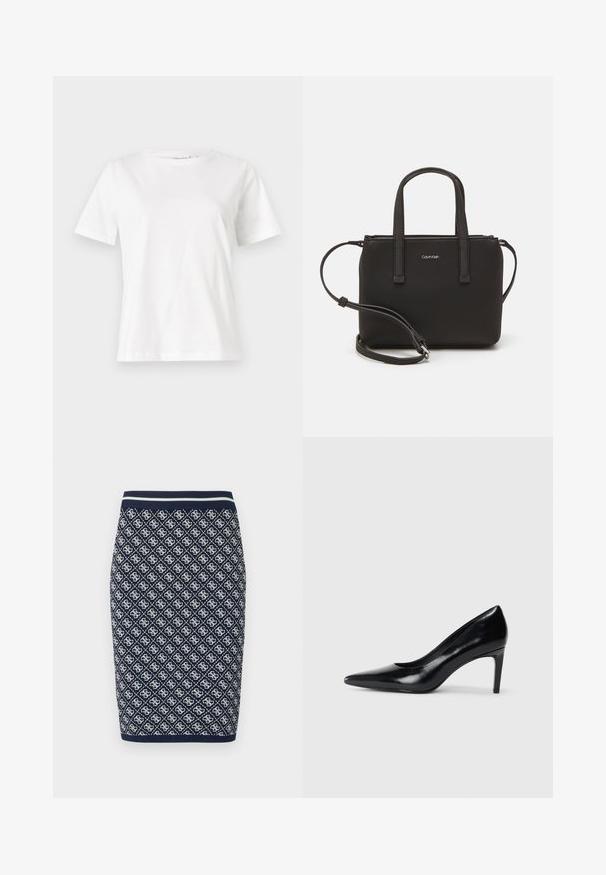 Balta medvilninė marškinėliai trumpomis rankovėmis, su apvalia iškirpte ir laisvu siluetu. Lygi tekstūra, be raštų ar akcentų, minimalistinis dizainas.; Mėlynos ir baltos spalvų megzta pieštuko sijonas su deimanto geometriniu raštu. Turi dryžuotą elastingą liemenėlę ir lygų paviršių.; Juodas odinis aukštakulnis batelis su smailiu pirštu, lygiu paviršiumi ir siauru kulnu. Minimalistinis dizainas, jokių papildomų puošmenų.; Juoda rankinė su dviem trumpais rankenėlėmis ir nuimamu petį. Lygaus odos tipo medžiaga su užtrauktuku ir logotipo detale.