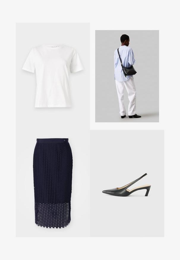 Baltas kokvilnas T-krekls ar īsām piedurknēm, apaļu kakla izgriezumu un brīvu piegriezumu. Gluda tekstūra, bez rakstiem vai akcentiem, minimālistisks dizains.; Tumši zila adīta zīmuļa svārki ar tekstūrētu rakstu, ribota jostasvieta un apakšmalā triakona izgriezumi.; Melna, ar smailu purngalu, slingback kurpe ar zemu papēdi, izgatavota no gludas ādas materiāla un ar izgriezumiem sānos gaisa caurlaidībai.; Melna ādas plecu soma ar mīkstu tekstūru, trīsstūra formu un regulējamu siksnu, apvienota ar gaiši zilu svītrotu krekli un baltām biksēm.
