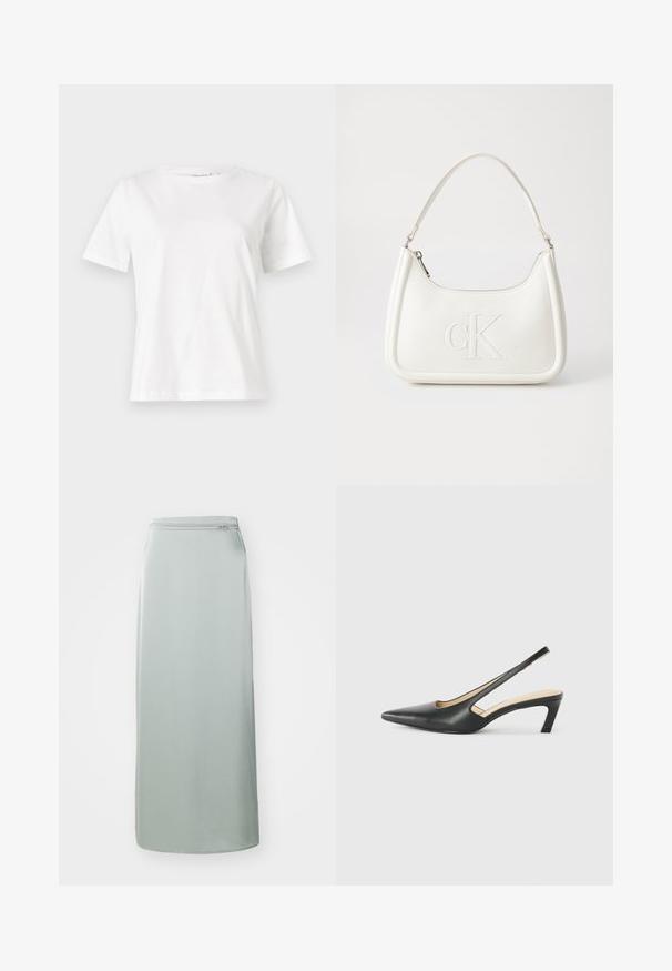 Weißes Baumwoll-T-Shirt mit kurzen Ärmeln, Rundhalsausschnitt und lockerer Passform. Glatte Textur, keine Muster oder Akzente, minimalistisches Design.; Langer, hellgrüner Rock aus glattem Stoff. Verfügt über einen geraden Schnitt mit einem verdeckten Reißverschluss an der Hüfte. Minimalistisches Design, keine Muster oder Akzente.; Schwarzer spitz zulaufender Slingback-Schuh mit niedrigem Absatz, der aus glattem Leder gefertigt ist und seitliche Ausschnitte für Atmungsaktivität aufweist.; Weiße Lederhandtasche mit abgerundeter Form, ausgestattet mit einem geprägten "CK"-Logo auf der Vorderseite und einem Einzel-Schultergurt. Reißverschluss oben.