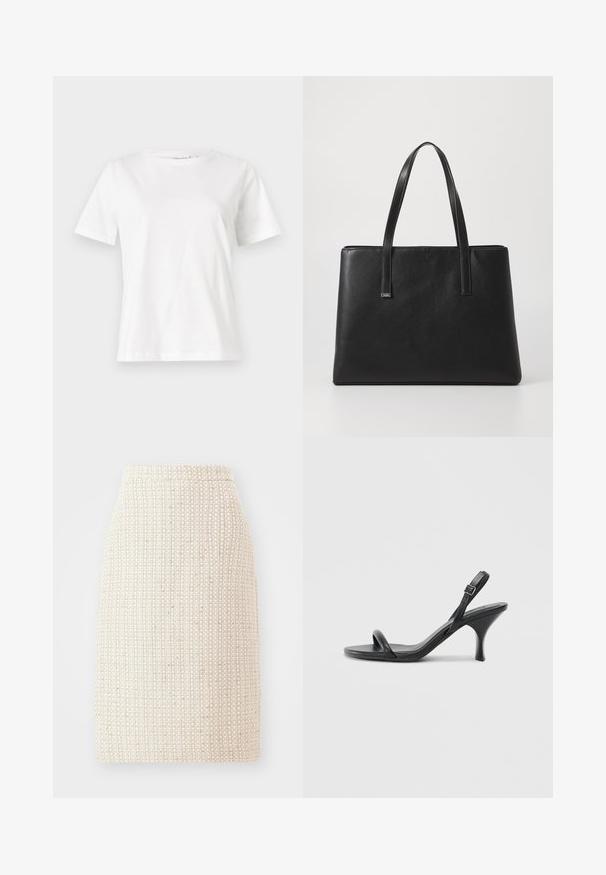 T-shirt en coton blanc à manches courtes, col rond et coupe décontractée. Texture lisse, sans motifs ni accents, design minimaliste.; Jupe A-line en tissu tissé beige clair, avec un motif texturé. Taille haute avec une coupe droite et sans fermetures visibles.; Sandales à talons hauts en cuir noir avec un talon fin et courbé et un design de brides croisées. Bride de cheville réglable. Texture lisse.; Sac fourre-tout en cuir noir avec deux longues poignées, de forme rectangulaire, surface texturée et design minimaliste. Aucune quincaillerie ou accent visible.