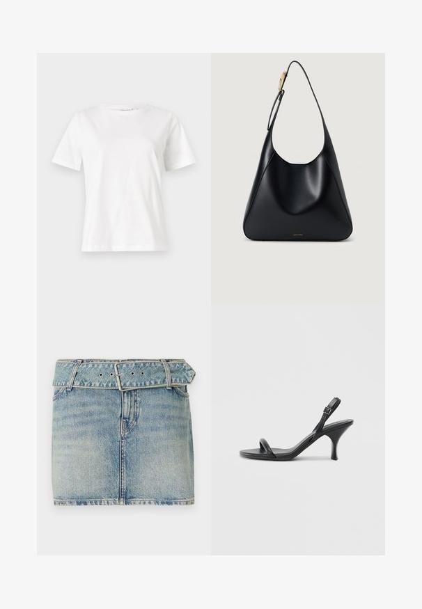 Vit bomullströja med korta ärmar, rund halsringning och en avslappnad passform. Slät textur, inga mönster eller detaljer, minimalistisk design.; Denim mini kjol med ljusblå tvätt, försedd med bälte i midjan med en metallspänne, fem fickor och subtila blekningar för textur.; Svarta läder högklackade sandaler med en smal, böjd klack och ett korsat remdesign. Justerbar ankelrem. Slät textur.; Svart läderaxelväska med en slät yta, böjd silhuett och en gulddetalj. Har en präglad logotyp vid basen.