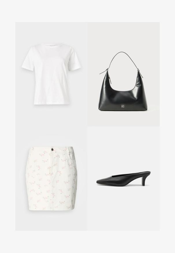 Valge puuvillane T-särk lühikeste varrukatega, ümmarguse kaelusega ja vabalt istuv. Sile tekstuur, ilma mustrite ja aktsentideta, minimalistik disain.; Valge denim seelik, millel on roosa ja rohelise lillemuster, esiküljel nööpidega sulgumine ja küljetaskud. Lühike disain.; Mustadast mustad nahast teravatipulised mules madala stilletokontsaga. Sile tekstuur, minimalistlik disain ja avatud selg mugavaks selga panemiseks.; Must musta nahk õlakott, millel on kumer ülaosa, ühe olaga rihm, lukuga sulgur ja väike hõbedane logo embleem esiküljel keskel.