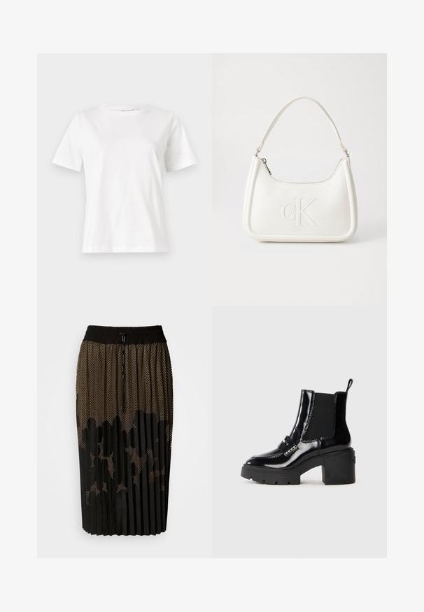 White cotton t-shirt with short sleeves, round neckline, and a relaxed fit. Smooth texture, no patterns or accents, minimalistic design.; Black pleated skirt with a mesh overlay featuring a dotted pattern, elastic waistband with drawstring, and a mid-length cut.; Black patent ankle boot with a chunky heel, elastic side panels, decorative strap, and contrasting stitching. Smooth texture with a glossy finish.; White leather handbag with a curved shape, featuring an embossed "CK" logo on the front and a single shoulder strap. Zipper closure at top.