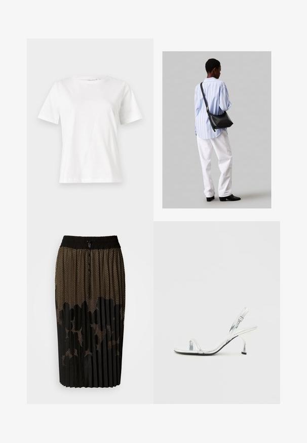 Bílý bavlněný tričko s krátkým rukávem, kulatým výstřihem a volnějším střihem. Hladká textura, bez vzorů nebo akcentů, minimalistický design.; Černá plisovaná sukně s síťovanou vrstvou s tečkovaným vzorem, elastickým pasem se stahovací šňůrkou a střední délkou.; Stříbrná lakovaná kožená sandálová obuv na vysokém podpatku s úzkým pásem na prstech, nastavitelnou sponou a štíhlým podpatkem.; Černá kožená kabelka přes rameno s jemnou texturou, trojúhelníkovým tvarem a nastavitelným popruhem, v kombinaci se světle modrou pruhovanou košilí a bílými kalhotami.