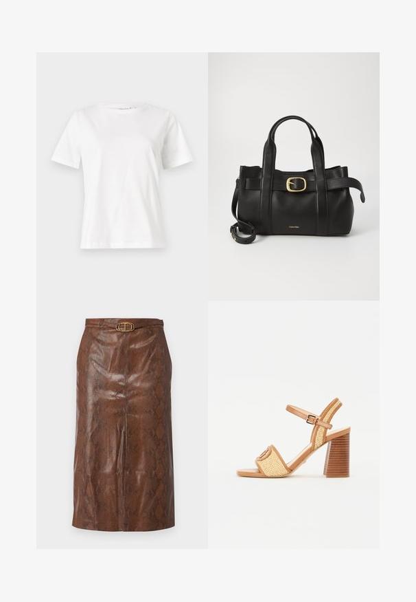Fehér pamut póló rövid ujjakkal, kerek nyakkivágással és laza szabással. Sima textúra, nincsenek minták vagy díszítések, minimalista dizájn.; Barna műbőr ceruzaszoknya kígyóbőr mintával, arany ovális csattal, és testhezálló sziluettel. Simaszerkezet és térdhez érő hosszúság.; Barna bőr és szőtt szalma magassarkú szandál, bokapánttal, nyitott orral és vastag, fára hasonlító sarokkal, vízszintes csíkokkal.; Fekete bőr kézitáska, amely strukturált kialakítással rendelkezik, dupla felső fogantyúval, arany tónusú csattal és a márka dombornyomott logójával az elején.