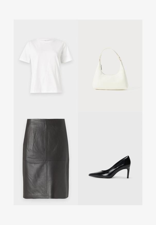 T-shirt en coton blanc à manches courtes, col rond et coupe décontractée. Texture lisse, sans motifs ni accents, design minimaliste.; Jupe en cuir noir avec une texture lisse, présentant des coutures verticales et un design droit. Aucun matériel ou accent visible.; Chaussure à talon haut en cuir noir avec un bout pointu, texture lisse et un talon effilé. Design minimaliste, sans embellissements supplémentaires.; Petit sac blanc à épaule avec une seule bandoulière ajustable et une fermeture éclair, sur un fond blanc uni.
