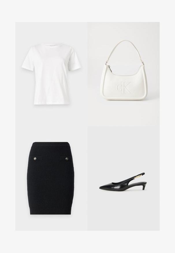 Bela bombažna majica s kratkimi rokavi, okroglo izrezana in ohlapnega kroja. Gladka tekstura, brez vzorcev ali dodatkov, minimalističen dizajn.; Črna pletena krila s prilagojeno obliko, ki ima dva sprednja žepa in kovinske gumbe na pokrovih žepov. Teksturiirano blago.; Črne usnjene sandale na peto z ostro konico, ki imajo tanko peto in zlat ton na nastavljivem traku. Gladka tekstura.; Bela usnjena torbica s ukrivljeno obliko, ki na sprednji strani nosi vžgano logo "CK" in ima eno naramnico. Zadrga za zapiranje na vrhu.