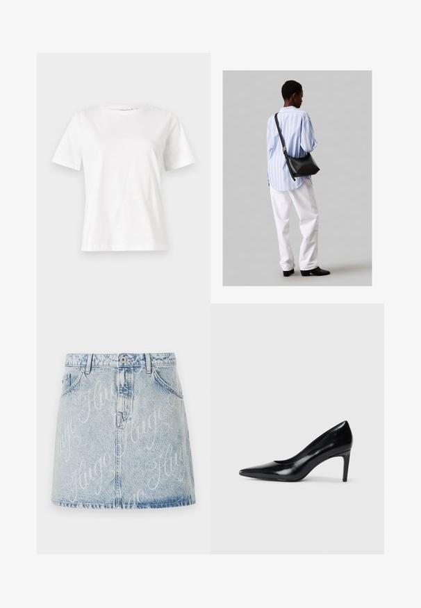 T-shirt bianca in cotone con maniche corte, scollatura rotonda e vestibilità rilassata. Struttura liscia, senza motivi né accenti, design minimalista.; Gonna in denim azzurro chiaro con lavaggio sbiadito, dotata di chiusura con bottoni anteriori e motivo in logo "Hugo" su tutta la superficie. Stile a cinque tasche.; Scarpa con tacco alto in pelle nera, con punta affusolata, texture liscia e tacco rastremato. Design minimalista, senza ulteriori decorazioni.; Borsa a tracolla in pelle nera con una texture morbida, forma triangolare e tracolla regolabile, abbinata a una camicia a righe blu chiaro e pantaloni bianchi.