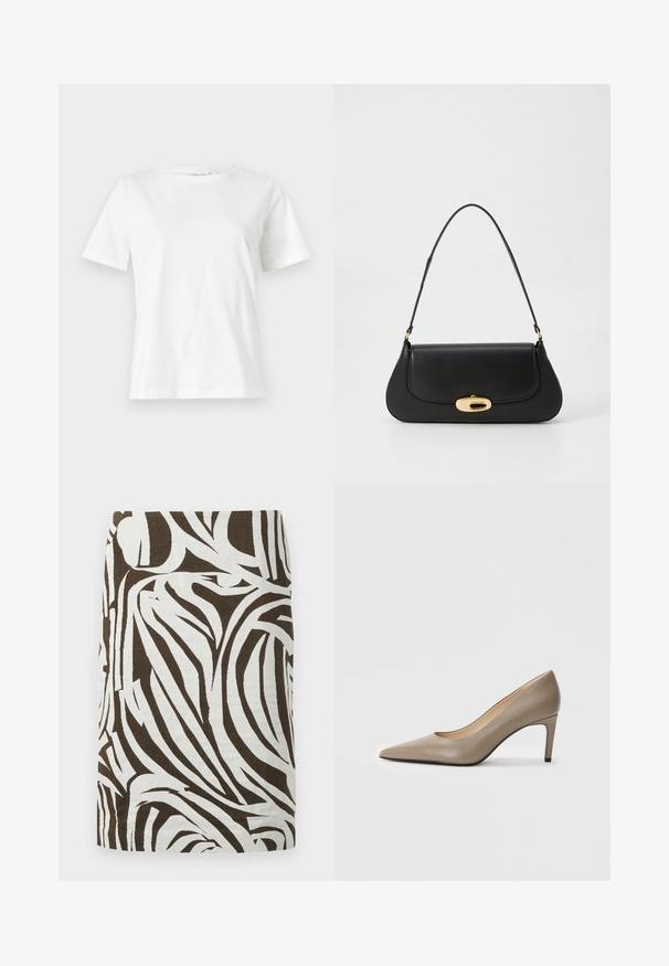 Balta medvilninė marškinėliai trumpomis rankovėmis, su apvalia iškirpte ir laisvu siluetu. Lygi tekstūra, be raštų ar akcentų, minimalistinis dizainas.; Ruda ir balta pieštuko sijonas su abstrakčiu zebro raštu, kelio ilgio ir tiesaus kirpimo.; Šviesiai rudos odos aukšti kulniukai su smailiu nosiu ir siauromis, 7 cm aukščio kulnais. Glotni paviršius ir minimalistiškas dizainas be matomų dekoracijų.; Juodas odinis rankinės su išlenktu dizainu, auksinių atspalvių furnitūra ir viršutine rankena. Savybės - stilingas uždarymas ir glotni tekstūra.