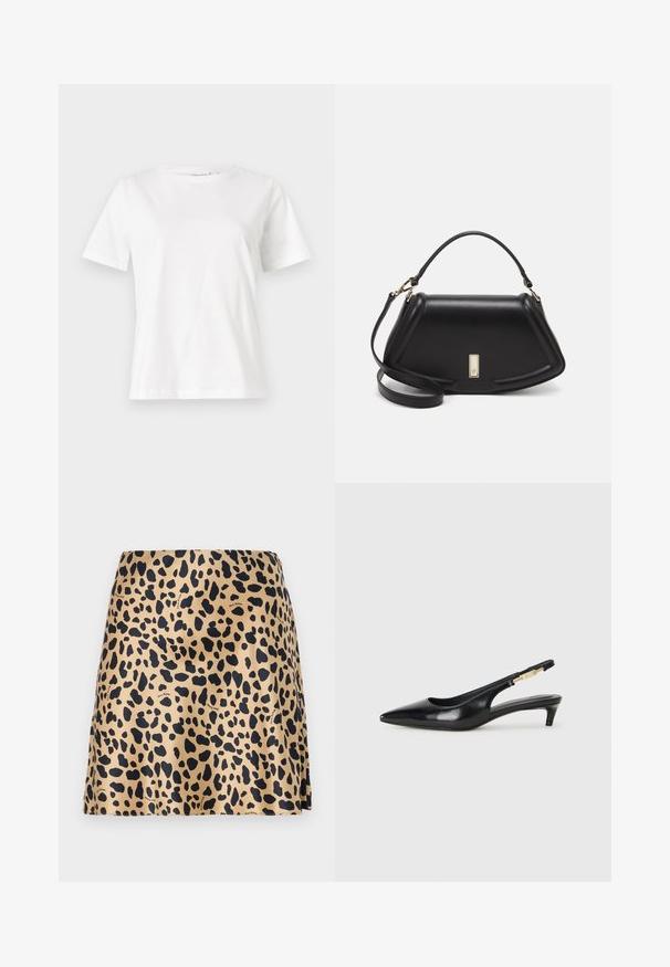 T-shirt bianca in cotone con maniche corte, scollatura rotonda e vestibilità rilassata. Struttura liscia, senza motivi né accenti, design minimalista.; Gonna mini a stampa leopardata realizzata in tessuto morbido; presenta uno sfondo beige con macchie nere; taglio semplice e senza hardware visibile.; Tacchi slingback in pelle nera con punta affusolata, caratterizzati da un tacco alto e un accento dorato sulla cinghia regolabile. Texture liscia.; Borsa a mano in pelle nera con un design strutturato, caratterizzata da una forma corta, manico superiore e accessori in metallo dorato. Inclusa tracolla regolabile.