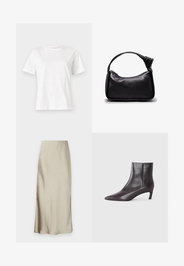 Biała bawełniana koszulka z krótkim rękawem, okrągłym dekoltem i luźnym krojem. Gładka tekstura, brak wzorów lub dodatków, minimalistyczny design.; Długa, jasnobeżowa spódnica z gładkiego materiału, która ma subtelny połysk i rozkloszowany dół, oferująca elegancki, minimalistyczny design.; Czarne skórzane botki za kostkę z ostrym noskiem i niskim obcasem typu kitten heel, gładkie wykończenie, z bocznym zamkiem, zaprezentowane na neutralnym tle.; Czarna skórzana torebka o zaokrąglonym kształcie i akcentem w postaci węzła na pasku. Wyposażona w zamek błyskawiczny i wytłoczone logo z przodu.