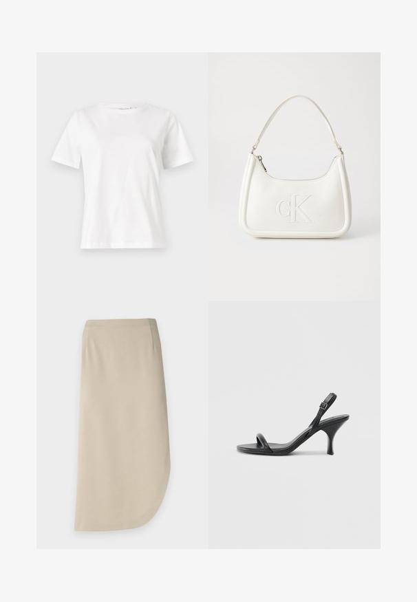 Camiseta de algodón blanca de manga corta, con cuello redondo y un corte relajado. Textura suave, sin patrones ni acentos, diseño minimalista.; Falda beige hasta la rodilla con una textura suave, que presenta un dobladillo curvado y bolsillos laterales. Diseño minimalista sin cierres visibles.; Sandalias de tacón alto de cuero negro con un tacón delgado y curvado y un diseño de tiras cruzadas. Correa para el tobillo ajustable. Textura suave.; Bolso de mano de cuero blanco con forma curvada, con un logo "CK" en relieve en la parte delantera y una sola correa para el hombro. Cierre de cremallera en la parte superior.