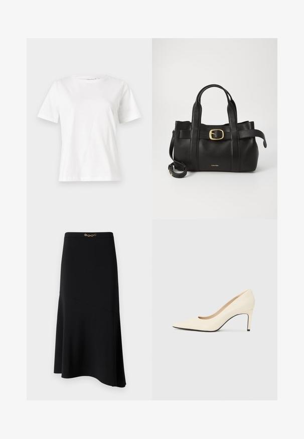 Bílý bavlněný tričko s krátkým rukávem, kulatým výstřihem a volnějším střihem. Hladká textura, bez vzorů nebo akcentů, minimalistický design.; Černá midi sukně s A-čarou, vyrobená z hladké tkaniny, s dekorativním zlatým řetězem na pase.; Bílé kožené lodičky na vysokém podpatku s špičatou špičkou, hladkým povrchem a černým akcentem na podrážce. Klasický design s mírnou výškou podpatku.; Černá kožená kabelka s upraveným designem, dvojitými vrchními madly, pozlaceným přezkovým akcentem a vyraženým logem značky na přední straně.