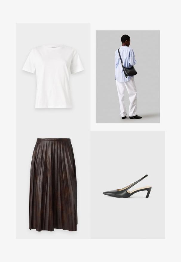 Λευκό βαμβακερό μπλουζάκι με κοντά μανίκια, στρογγυλή λαιμόκοψη και άνετη εφαρμογή. Λείο υφασμάτινο, χωρίς σχέδια ή αξεσουάρ, μινιμαλιστικός σχεδιασμός.; Καφέ πλισέ φούστα midi από δέρμα, με ζώνη στη μέση και ρέουσα σιλουέτα με κάθετους πτυχώσεις σε όλη την επιφάνεια του υφάσματος.; Μαύρο παπούτσι slingback με αιχμηρή μύτη και χαμηλό τακούνι, κατασκευασμένο από λείο δέρμα με σχέδιο κοπής στη πλευρά για αερισμό.; Μαύρη δερμάτινη τσάντα ώμου με απαλή υφή, τριγωνικό σχήμα και ρυθμιζόμενο λουρί, συνδυασμένη με ένα ανοιχτό μπλε ριγέ πουκάμισο και λευκό παντελόνι.