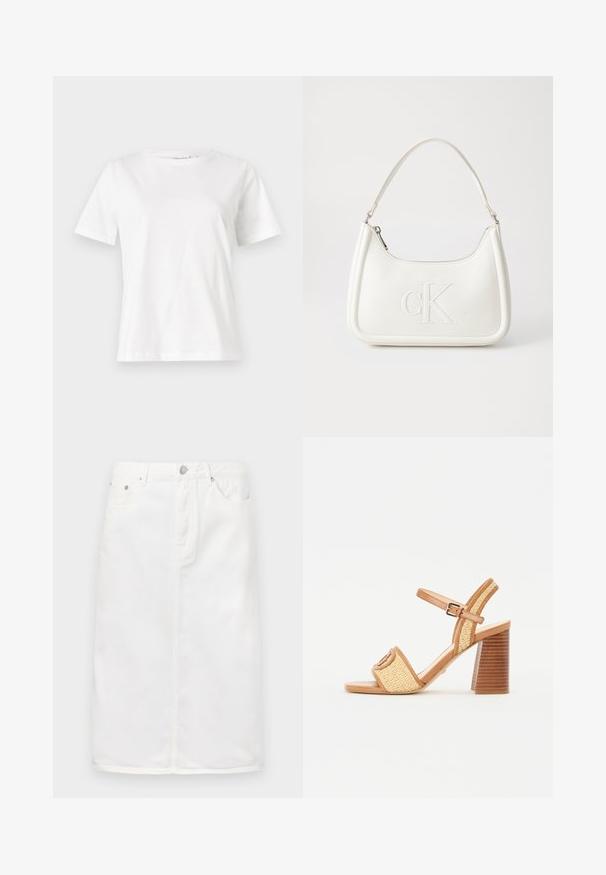 Witte katoenen t-shirt met korte mouwen, ronde halslijn en een ontspannen pasvorm. Gladde textuur, geen patronen of accenten, minimalistisch ontwerp.; Witte denim rok met een ritssluiting aan de voorkant, vijf-pocket ontwerp en een rechte silhoutte met stikselaccenten.; Bruine leren en geweven rieten sandalen met hak, voorzien van een enkelbandje, open teen en een chunky houten hak met horizontale strepen.; Witte lederen handtas met een gebogen vorm, voorzien van een reliëf "CK" logo aan de voorkant en een enkele schouderriem. Ritsluiting aan de bovenkant.