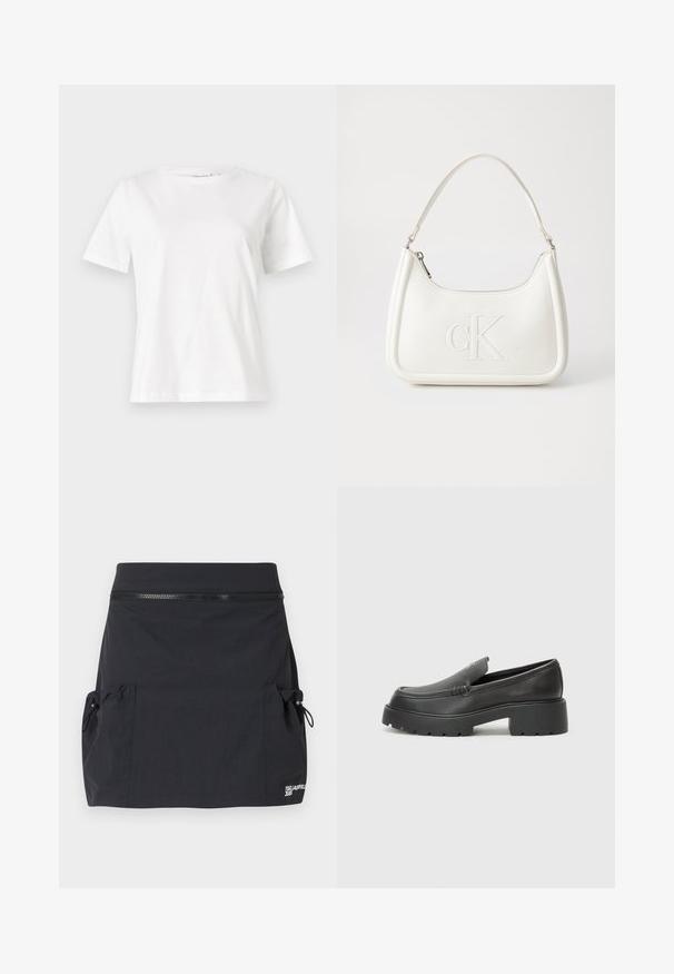 Fehér pamut póló rövid ujjakkal, kerek nyakkivágással és laza szabással. Sima textúra, nincsenek minták vagy díszítések, minimalista dizájn.; Fekete farmer szoknya illeszkedő derékrésszel, két oldalsó zsebbel, húzózsinórral, és logó részlettel az alján. sima textúrájú.; Fekete bőr loafer cipők kerek orral, vastag, texturált talppal és minimális varrási részletekkel. Áramvonalas dizájn, látható fűzők vagy fém részek nélkül.; Fehér bőrtáska ívelt formájú, elöl feltűnő "CK" logóval, egyetlen vállpánttal. Cipzáras zárás a tetején.