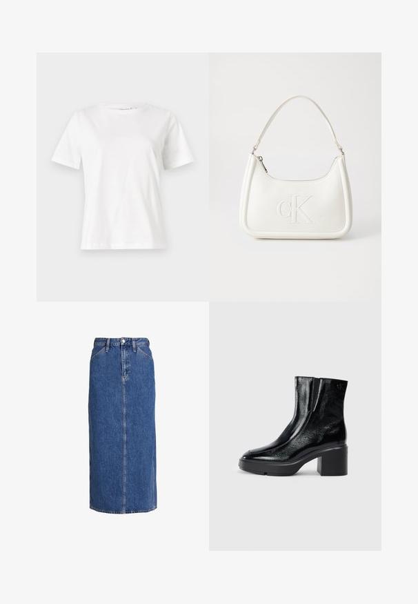 Bela bombažna majica s kratkimi rokavi, okroglo izrezana in ohlapnega kroja. Gladka tekstura, brez vzorcev ali dodatkov, minimalističen dizajn.; Jeans midi krilo v srednje modri barvi z ravnim krojem, sprednjim gumbom za zapiranje, dvema stranskima žepoma in vidnimi šivi za teksturo.; Črne lakirane gležnjarje z ukrivljenim nosom, elastičnimi stranskimi paneli in debelim blokastim peto. Imajo vtisnjen logotip na zadnjem delu.; Bela usnjena torbica s ukrivljeno obliko, ki na sprednji strani nosi vžgano logo "CK" in ima eno naramnico. Zadrga za zapiranje na vrhu.
