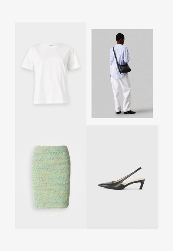 Valge puuvillane T-särk lühikeste varrukatega, ümmarguse kaelusega ja vabalt istuv. Sile tekstuur, ilma mustrite ja aktsentideta, minimalistik disain.; Knee-pikkusega seelik on valmistatud tekstureeritud, täppidega kangast, mis on pastelset roheline tooni ja millel on siniseid, oranže ja lillakaid toone.; Must mustaga, terav varvas, madala kontsaga sildiga king, mis on valmistatud siledast nahast ja mille küljel on lõike disain hingavuse tagamiseks.; Must have mustras alasi nahkpatsi, pehme tekstuuriga, kolmnurkse kujuga ja reguleeritava rihmaga, koos helesinise triibulise särgi ja valgete pükstega.