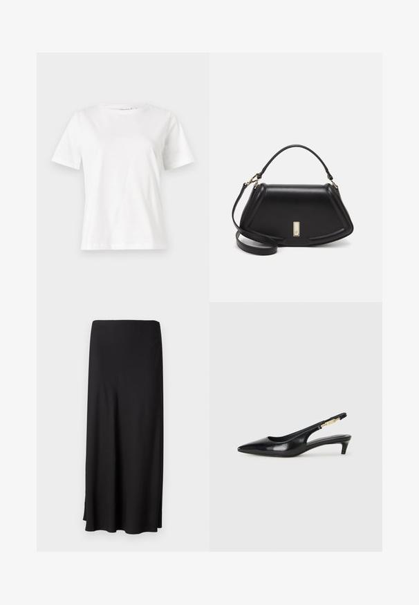 Weißes Baumwoll-T-Shirt mit kurzen Ärmeln, Rundhalsausschnitt und lockerer Passform. Glatte Textur, keine Muster oder Akzente, minimalistisches Design.; Schwarzer, langer Rock aus glattem Stoff, mit geradem Schnitt und seitlichen Schlitzen für Bewegungsfreiheit. Einfaches Design ohne Muster oder Akzente.; Schwarze Leder-Slingback-Pumps mit spitzem Schuhblatt, ausgestattet mit einem schlanken Absatz und einem goldfarbigen Akzent am verstellbaren Riemen. Glatte Textur.; Schwarze Lederhandtasche mit einem strukturierten Design, das eine verkürzte Form, einen oberen Griff und goldfarbene Hardware-Details aufweist. Verstellbarer Schulterriemen ist enthalten.