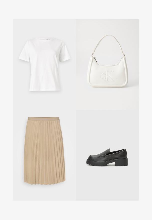 Tricou alb din bumbac cu mâneci scurte, guler rotund și o croială relaxată. Textură netedă, fără imprimeuri sau accente, design minimalist.; Fustă plisată bej cu talie plată. Materialul este neted, având plii verticale și un tiv cu margini ondulate. Design elegant și simplu.; Mocasini din piele neagră, cu vârf rotunjit, talpă groasă texturată și detalii minimale de cusătură. Design elegant, fără șireturi sau accesorii vizibile.; Geantă de umăr din piele albă cu formă curbată, având un logo "CK" embosat pe partea din față și un singur braț de umăr. Închidere cu fermoar în partea de sus.