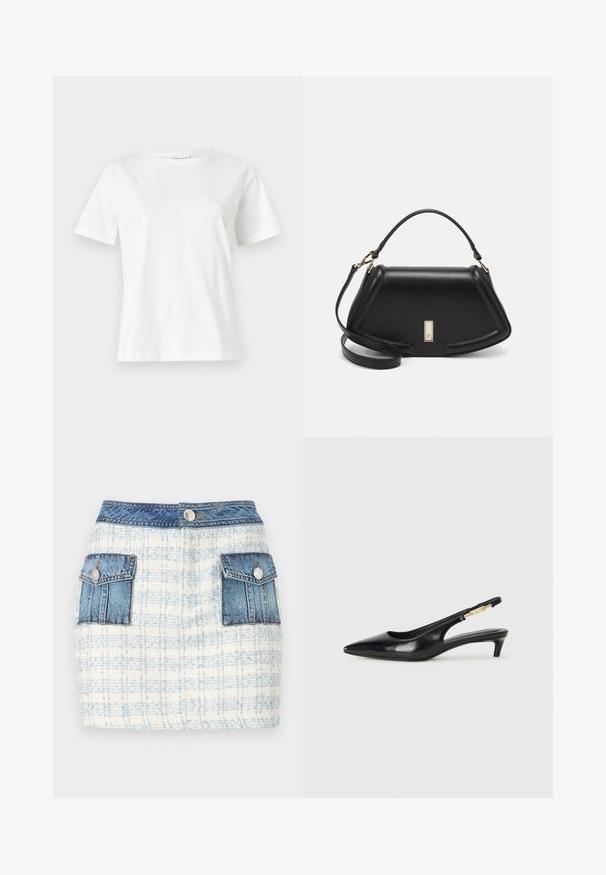 T-shirt en coton blanc à manches courtes, col rond et coupe décontractée. Texture lisse, sans motifs ni accents, design minimaliste.; Mini-jupe en denim avec un motif vichy bleu clair et blanc, dotée de deux poches avant avec des accents en denim et d'une fermeture à bouton à la taille.; Talons hauts en cuir noir avec un bout pointu, dotés d'un talon fin et d'un accent en ton or sur la lanière réglable. Texture lisse.; Sac à main en cuir noir avec un design structuré, featuring une forme cropped, une poignée supérieure et des accents en matériel doré. Bandoulière réglable incluse.