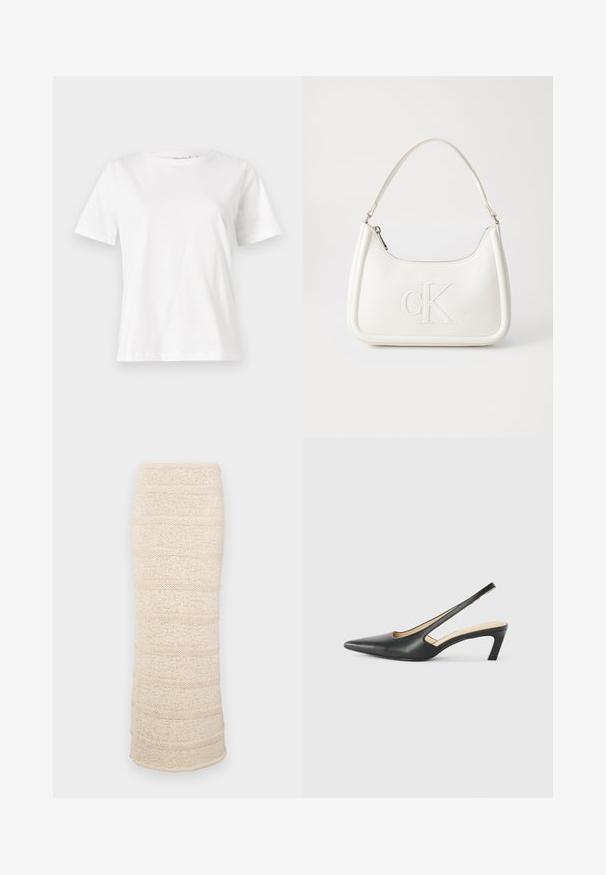 T-shirt en coton blanc à manches courtes, col rond et coupe décontractée. Texture lisse, sans motifs ni accents, design minimaliste.; Jupe midi tricotée en beige clair avec des rayures texturées horizontales. Silhouette ajustée, tissu doux et ourlet légèrement ouvert en bas.; Slingback noir à bout pointu avec un petit talon, en cuir lisse et doté d'un design découpé sur le côté pour plus de respirabilité.; Sac à main en cuir blanc avec une forme courbée, arborant un logo "CK" embossé à l'avant et une seule bandoulière. Fermeture à glissière en haut.