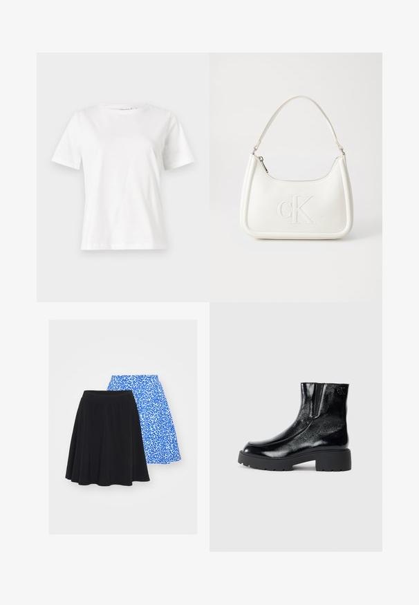 Tricou alb din bumbac cu mâneci scurte, guler rotund și o croială relaxată. Textură netedă, fără imprimeuri sau accente, design minimalist.; Fuste cu imprimeu leopard alb-negru și albastru, având un design evazat, un elastic în talie și o textură netedă a materialului. Fusta albastră are un model îndrăzneț.; Botine negre până la gleznă, cu un finisaj de piele lacuită strălucitoare, talpă de cauciuc neagră masivă și toc înălțat; include detalii subtile cu logo pe lateral.; Geantă de umăr din piele albă cu formă curbată, având un logo "CK" embosat pe partea din față și un singur braț de umăr. Închidere cu fermoar în partea de sus.