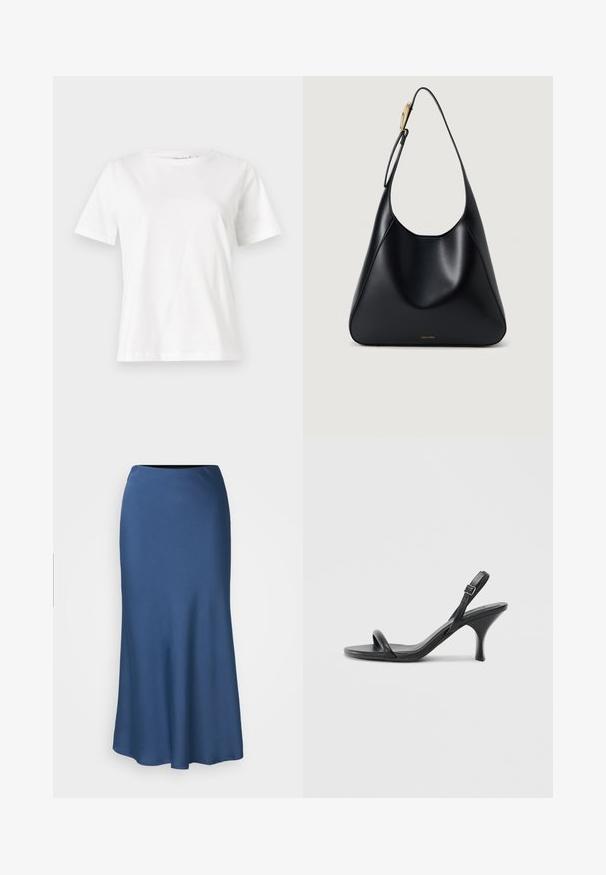 Weißes Baumwoll-T-Shirt mit kurzen Ärmeln, Rundhalsausschnitt und lockerer Passform. Glatte Textur, keine Muster oder Akzente, minimalistisches Design.; DRYKORN URA - A-Linien-Rock - blue-grey; Schwarze Leder-Sandalen mit hohen Absätzen, schlankem, gebogenem Absatz und gekreuztem Riemendesign. Verstellbarer Knöchelriemen. Glatte Textur.; Schwarze Leder-Schultertasche mit glatter Textur, geschwungener Silhouette und goldfarbenen Hardware-Akzenten. Mit geprägtem Markenlogo an der Basis.