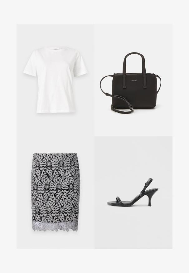 Biała bawełniana koszulka z krótkim rękawem, okrągłym dekoltem i luźnym krojem. Gładka tekstura, brak wzorów lub dodatków, minimalistyczny design.; Czarna spódnica koronkowa z srebrnym wzorem kwiatowym, ze falbaniastym dołem i skomplikowaną teksturą szydełkową. Dopasowany krój z gładką podszewką.; Czarne skórzane sandały na wysokim obcasie z cienkim, zakrzywionym obcasem i skrzyżowanym wzorem pasków. Regulowany pasek na kostkę. Gładka faktura.; Czarna torebka z dwoma krótkimi uchwytami i odpinanym paskiem na ramię. Gładki materiał przypominający skórę, z zamkiem błyskawicznym i detalem z logo.