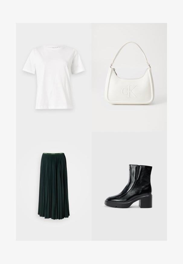 Fehér pamut póló rövid ujjakkal, kerek nyakkivágással és laza szabással. Sima textúra, nincsenek minták vagy díszítések, minimalista dizájn.; Hosszú, pliszírozott szoknya sötétzöld színben, széles derékrésszel, amelyen a "LACOSTE" márkaneve kontrasztos zöld betűkkel olvasható.; Fekete lakkbőr bokacsizma ívelt orral, elasztikus oldalpanelek és vastag blokk sarkal. A hátsó részen dombornyomott logó található.; Fehér bőrtáska ívelt formájú, elöl feltűnő "CK" logóval, egyetlen vállpánttal. Cipzáras zárás a tetején.