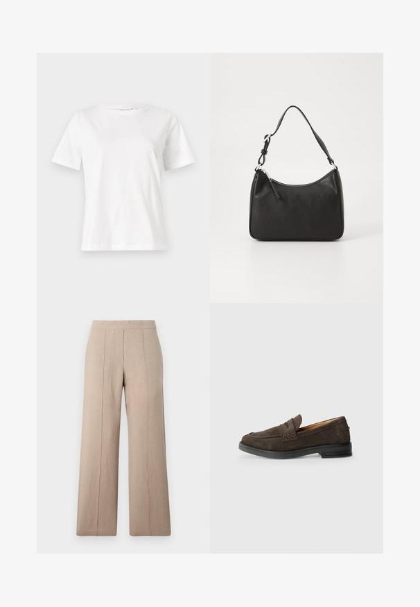 T-shirt en coton blanc à manches courtes, col rond et coupe décontractée. Texture lisse, sans motifs ni accents, design minimaliste.; Pantalons larges beige en tissu léger, avec des plis à l'avant, une ceinture lisse et une coupe droite aux ourlets nets.; Mocassins en daim marron avec un bout rond, des détails en surpiqûre et une semelle en caoutchouc noir basse. Design à enfiler avec un élément décoratif subtil.; Sac à main en cuir noir avec une forme courbée, une seule sangle, fermeture éclair et un logo discret à l'avant. Texture lisse, design minimaliste.