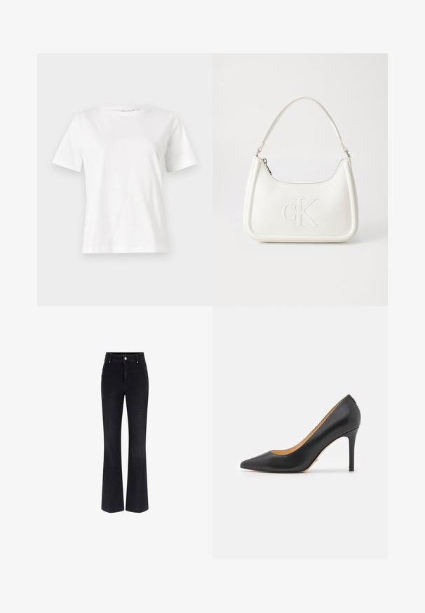 Balta medvilninė marškinėliai trumpomis rankovėmis, su apvalia iškirpte ir laisvu siluetu. Lygi tekstūra, be raštų ar akcentų, minimalistinis dizainas.; Juodos džinsinės plačios kelnės, turinčios aukštą liemens aukštį, penkių kišenių dizainą ir metalinius mygtukus šonuose. Lygus paviršius ir klasikinis sijonas.; Juodos odinės smailianosios aukštakulnės bateliai su stiletu, pasižymintys lygiu paviršiumi ir minimalistišku dizainu. Vidus išklotas šviesiai rudos spalvos.; Balta odinė rankinė su išlenkta forma, su reljefiniu "CK" logotipu priekyje ir viena petneša. Užtrauktuko uždarymas viršuje.
