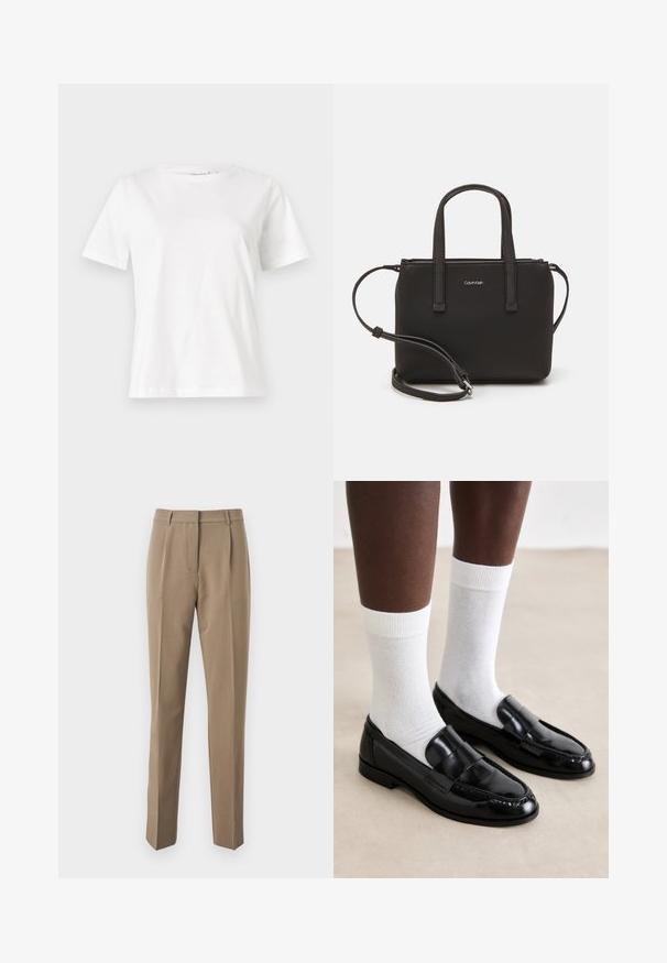 Valge puuvillane T-särk lühikeste varrukatega, ümmarguse kaelusega ja vabalt istuv. Sile tekstuur, ilma mustrite ja aktsentideta, minimalistik disain.; Pruunid kohandatud püksid siledast kangast, sirge jala disainiga, esipintslite ja vöödega vöökohaga.; Mustad musta laka nahast loaferid, millel on õmmeldud muster, koos valgete puuvillaste lühikeste sokkidega, mille taustal on hele põrand.; Musthave mustrans vöö ja eemaldatav õlarihm. Gludike nahk siledaga, millel on tõmblukk ja logo detail.