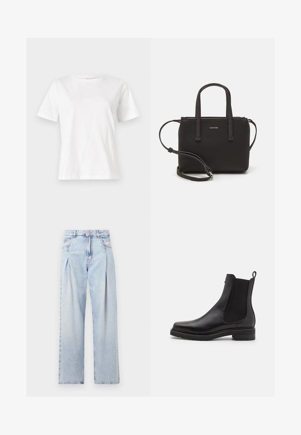 Bílý bavlněný tričko s krátkým rukávem, kulatým výstřihem a volnějším střihem. Hladká textura, bez vzorů nebo akcentů, minimalistický design.; Světlé modré džíny z denimu s vysokým pasem, širokým střihem, dvěma bočními kapsami a nařaseným designem. Měkká textura s vybledlým povrchem.; Černá kožená kotníková bota s elastickými bočními panely, nízkým hromadným podpatkem a poutkem na zadní straně. Hladký povrch a elegantní design.; Černá kabelka s dvojitými krátkými uchy a odnímatelným ramenním popruhem. Hladký koženkový materiál s uzávěrem na zip a detailem loga.