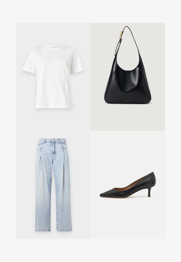 White cotton t-shirt with short sleeves, round neckline, and a relaxed fit. Smooth texture, no patterns or accents, minimalistic design.; Light blue denim jeans with a high waist, wide-leg cut, two side pockets, and pleated design feature. Soft texture with a faded finish.; Black leather pump with a pointed toe, low kitten heel, smooth texture, and a subtle gold accent at the heel base.; Black leather shoulder bag with a smooth texture, curved silhouette, and a gold hardware accent. Features embossed brand logo at the base.