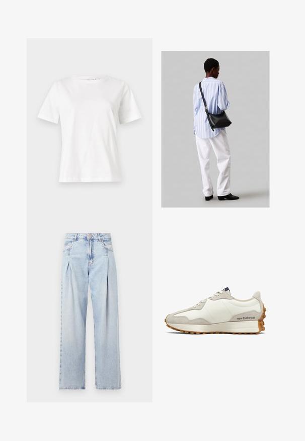 Fehér pamut póló rövid ujjakkal, kerek nyakkivágással és laza szabással. Sima textúra, nincsenek minták vagy díszítések, minimalista dizájn.; Világoskék farmernadrág magas derekú, bő szabású, két oldalsó zsebbel és pliszírozott dizájnnal. Puha tapintású, elhalványított felület.; Fehér és bézs sneaker, sima bőr felsőrésszel, velúr kiegészítőkkel, lekerekített orral és texturált gumitalppal. A márkanevével ellátva az oldalon.; Fekete bőr válltáska puha tapintással, háromszög alakú, állítható pánttal, világoskék csíkos inggel és fehér nadrággal párosítva.