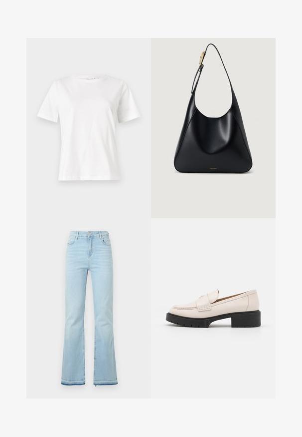 Bijela pamučna majica s kratkim rukavima, okruglim izrezom i opuštenim krojem. Glatka tekstura, bez uzoraka ili akcenata, minimalistički dizajn.; Svijetloplave traperice s širim nogavicama, visokog struka, s prednjim džepovima i sirovim rubom na manžetama za ležeran izgled.; Svijetlosmeđi kožni loaferi s ušivenim prednjim dijelom i teksturiranim crnim platformastim potplatom. Imaju zakrivljeni dizajn i blagu elevaciju.; Crna kožna torba za rame s glatkom teksturom, zakrivljenim siluetom i zlatnim detaljima. Ima utisnutu oznaku branda na dnu.
