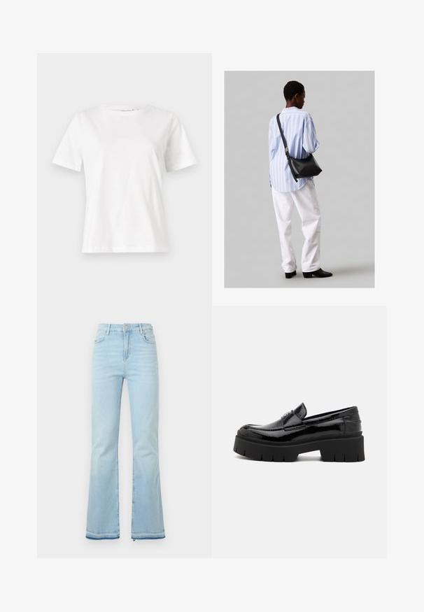 Hvit bomull t-skjorte med korte ermer, rund hals og avslappet passform. Glatt tekstur, ingen mønstre eller detaljer, minimalistisk design.; Lyseblå flagrende jeans laget av denim, med høy midje, frontlommer og rå kant ved mansjettene for et uformelt utseende.; Svarte lakkloafers med kraftig gummisåle, med en glatt overflate og en dekorativ stroppdetalj. Flatt hel og avrundet tå.; Svart lær skulderveske med en myk tekstur, trekantet form og justerbar stropp, kombinert med en lyseblå stripete skjorte og hvite bukser.