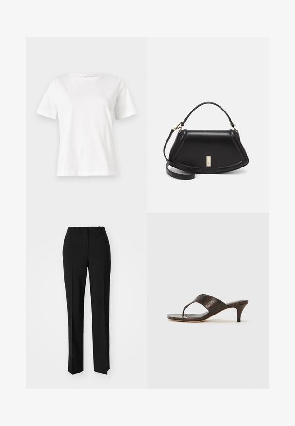 White cotton t-shirt with short sleeves, round neckline, and a relaxed fit. Smooth texture, no patterns or accents, minimalistic design.; Black tailored trousers with a straight-leg design, featuring a smooth texture and crisp creases along the front. No visible hardware.; Brown faux snakeskin heeled sandals with a thong design and a square toe. The heel is approximately 2 inches tall, with a smooth finish.; Black leather handbag with a structured design, featuring a cropped shape, top handle, and gold hardware accent. Adjustable shoulder strap included.