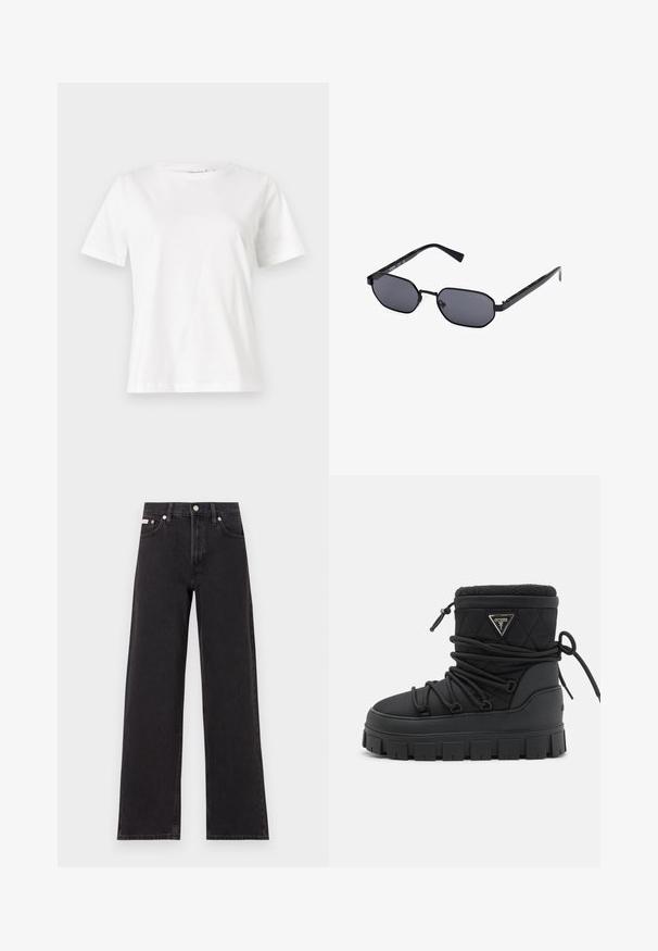 T-shirt en coton blanc à manches courtes, col rond et coupe décontractée. Texture lisse, sans motifs ni accents, design minimaliste.; Jeans noirs à jambes larges en denim, avec une taille haute, une coupe à cinq poches et une fermeture à bouton en métal avec des coutures contrastantes.; Bottine noire matelassée imperméable avec un col en fausse fourrure, semelle en caoutchouc et détails en dentelle. Présente une plaque de logo sur le côté.; Guess UNISEX - Lunettes de soleil - shiny black