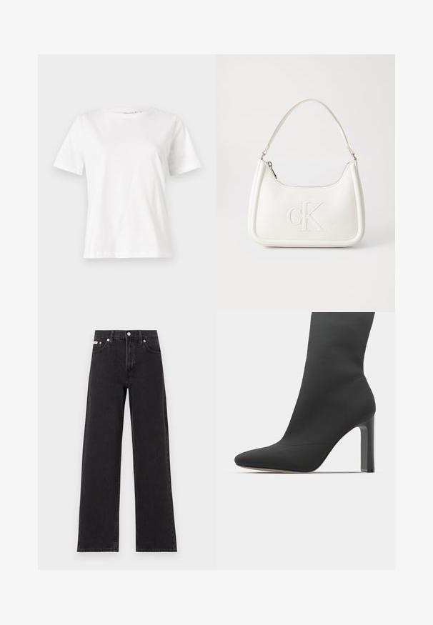 Baltas kokvilnas T-krekls ar īsām piedurknēm, apaļu kakla izgriezumu un brīvu piegriezumu. Gluda tekstūra, bez rakstiem vai akcentiem, minimālistisks dizains.; Melni platmalu džinsi, kas izgatavoti no denima, ar augstu vidukli, piecu kabatu dizainu un metāla pogas aizdari ar kontrastējošu šuvumu.; Melnas stiletto potītes ar elegantu zeķes līdzīgu dizainu, norādītu purngalu, gludu audumu un kvadrātveida augstu papēdi. Minimālistiska estētika.; Balta ādas rokassoma ar noapaļotu formu, uz kuras priekšpuses ir izgriezts "CK" logo un viena plecu siksna. Augšā aizverama ar rāvējslēdzēju.