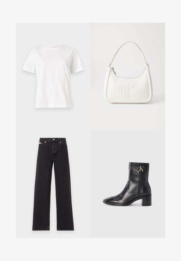Bijela pamučna majica s kratkim rukavima, okruglim izrezom i opuštenim krojem. Glatka tekstura, bez uzoraka ili akcenata, minimalistički dizajn.; Crne široke traperice od denima, s visokim strukom, pet džepova i metalnim zatvaranjem s kontrastnim šavovima.; Crna kožna gležnjača s šiljastim vrhom, blok petom i remenom s metalnim logotipom. Glatka tekstura i minimalistički dizajn.; Bijela kožna torba s zakrivljenim oblikom, koja na prednjoj strani ima utisnut logotip "CK" i jedan remen za nošenje preko ramena. Zatvaranje na munju na vrhu.