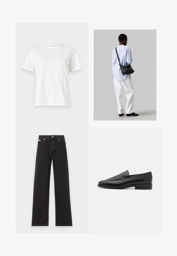 Tricou alb din bumbac cu mâneci scurte, guler rotund și o croială relaxată. Textură netedă, fără imprimeuri sau accente, design minimalist.; Jeanși negri cu picioare largi, fabricați din denim, cu talie înaltă, stil cu cinci buzunare și închidere cu nasture metalic, cu cusături contrastante.; Mocasiini din piele neagră, cu vârf rotund, finisaj neted, detalii subtile cusute și toc jos, robust. Design cu talpă plată pentru confort.; Geantă de umăr din piele neagră cu o textură moale, formă triunghiulară și curea ajustabilă, asortată cu o bluză cu dungi albastre deschise și pantaloni albi.