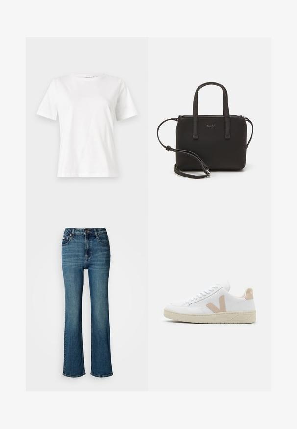Biała bawełniana koszulka z krótkim rękawem, okrągłym dekoltem i luźnym krojem. Gładka tekstura, brak wzorów lub dodatków, minimalistyczny design.; Jeansy w kolorze niebieskim z wysokim stanem, wykonane z denimu, z prostym krojem nogawki, subtelnym efektem blaknięcia oraz standardowym zapięciem na guzik i zamek błyskawiczny.; Białe sneakersy z beżowymi zamszowymi akcentami, okrągły czubek i białe sznurówki. Teksturowana gumowa podeszwa oraz detal z logo na pięcie.; Czarna torebka z dwoma krótkimi uchwytami i odpinanym paskiem na ramię. Gładki materiał przypominający skórę, z zamkiem błyskawicznym i detalem z logo.