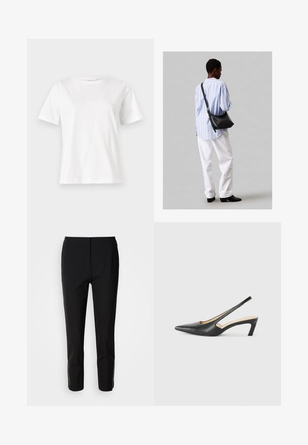 Valge puuvillane T-särk lühikeste varrukatega, ümmarguse kaelusega ja vabalt istuv. Sile tekstuur, ilma mustrite ja aktsentideta, minimalistik disain.; Mustreeritud sirged mustad püksid, valmistatud siledast kangast. Küljel on litsentsi detailid. Puhta ja minimalistliku stiiliga.; Must mustaga, terav varvas, madala kontsaga sildiga king, mis on valmistatud siledast nahast ja mille küljel on lõike disain hingavuse tagamiseks.; Must have mustras alasi nahkpatsi, pehme tekstuuriga, kolmnurkse kujuga ja reguleeritava rihmaga, koos helesinise triibulise särgi ja valgete pükstega.