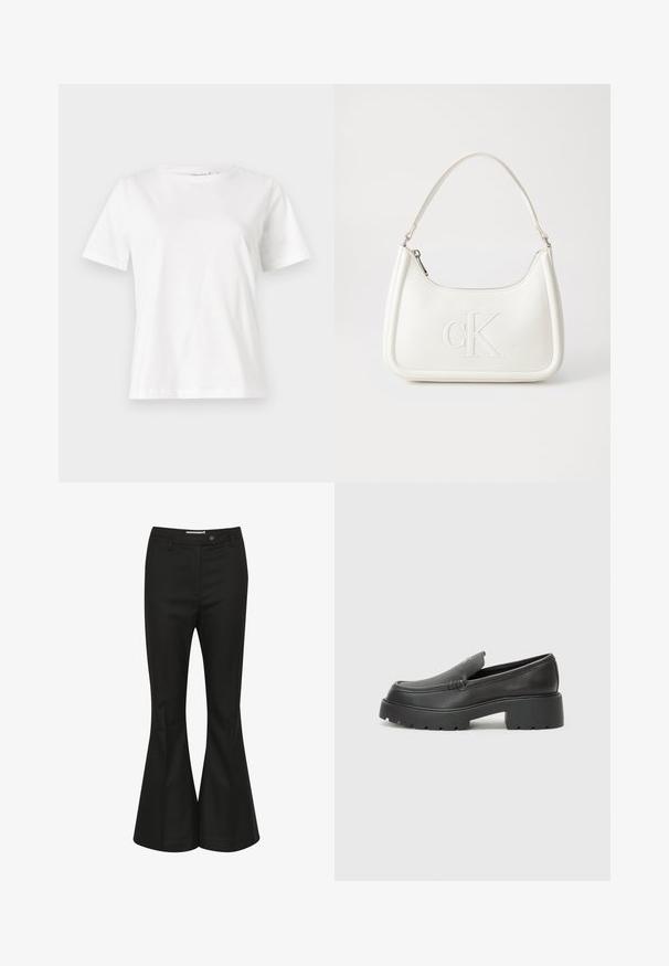 Hvit bomull t-skjorte med korte ermer, rund hals og avslappet passform. Glatt tekstur, ingen mønstre eller detaljer, minimalistisk design.; Sorte videbukser laget av glatt stoff, med høy midje, frontlukk med knapp og en elegant, skreddersydd design.; Sorte skinnloafers med rund tå, tykk teksturert såle og minimale sømdetaljer. Strømlinjeformet design uten synlige snørebånd eller hardvarer.; Hvit lærveske med en buet fasong, med et preget "CK"-logo på forsiden og en enkel skulderstropp. Glidelåslukking på toppen.